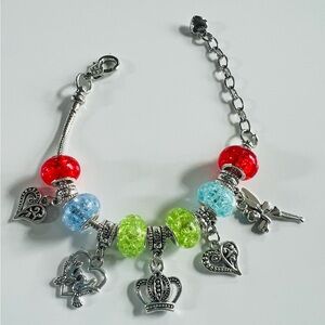 Colorful Charm Bracelet with Heart and Crown Charms